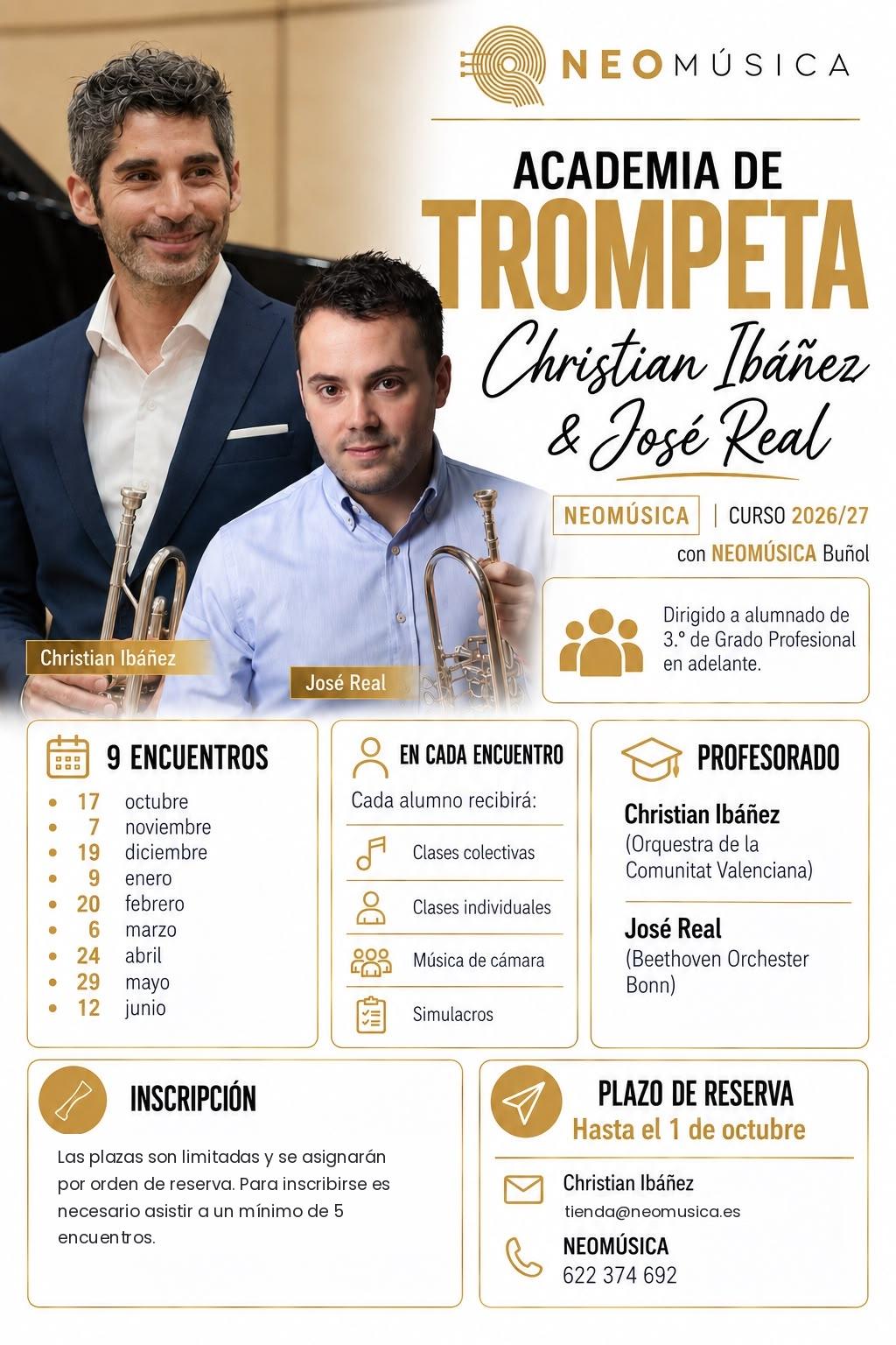 Cartel de la Academia de Trompeta de NEOMúsica, curso 2026/27, con Christian Ibáñez y José Real